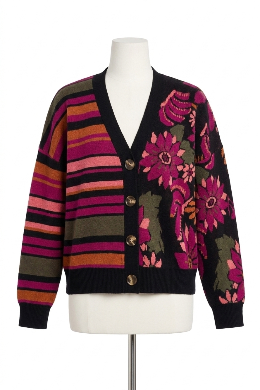 NEW TRIBAL diora double knit combo print cardigan in black multi